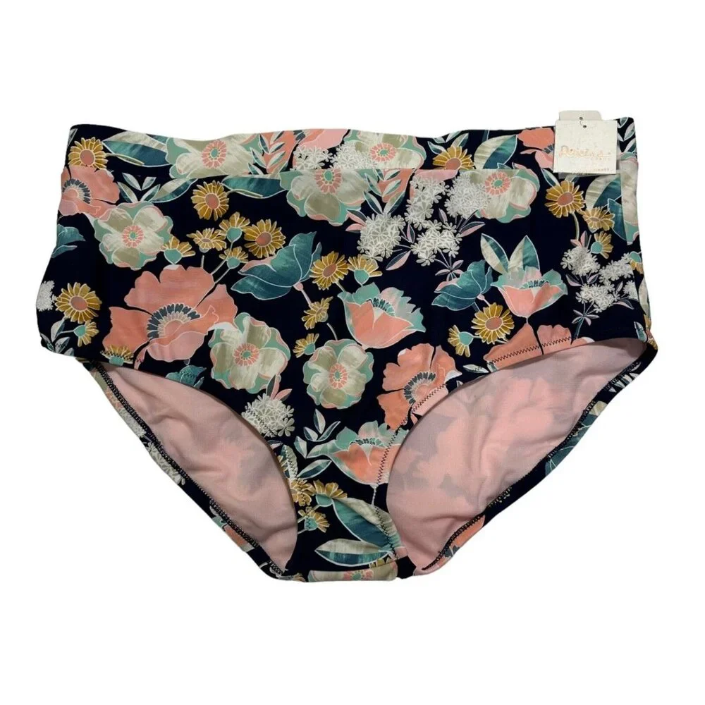 Raisins Plus Size 22W Tie Back High-Rise Bikini‎ Bottoms Navy Floral NWT